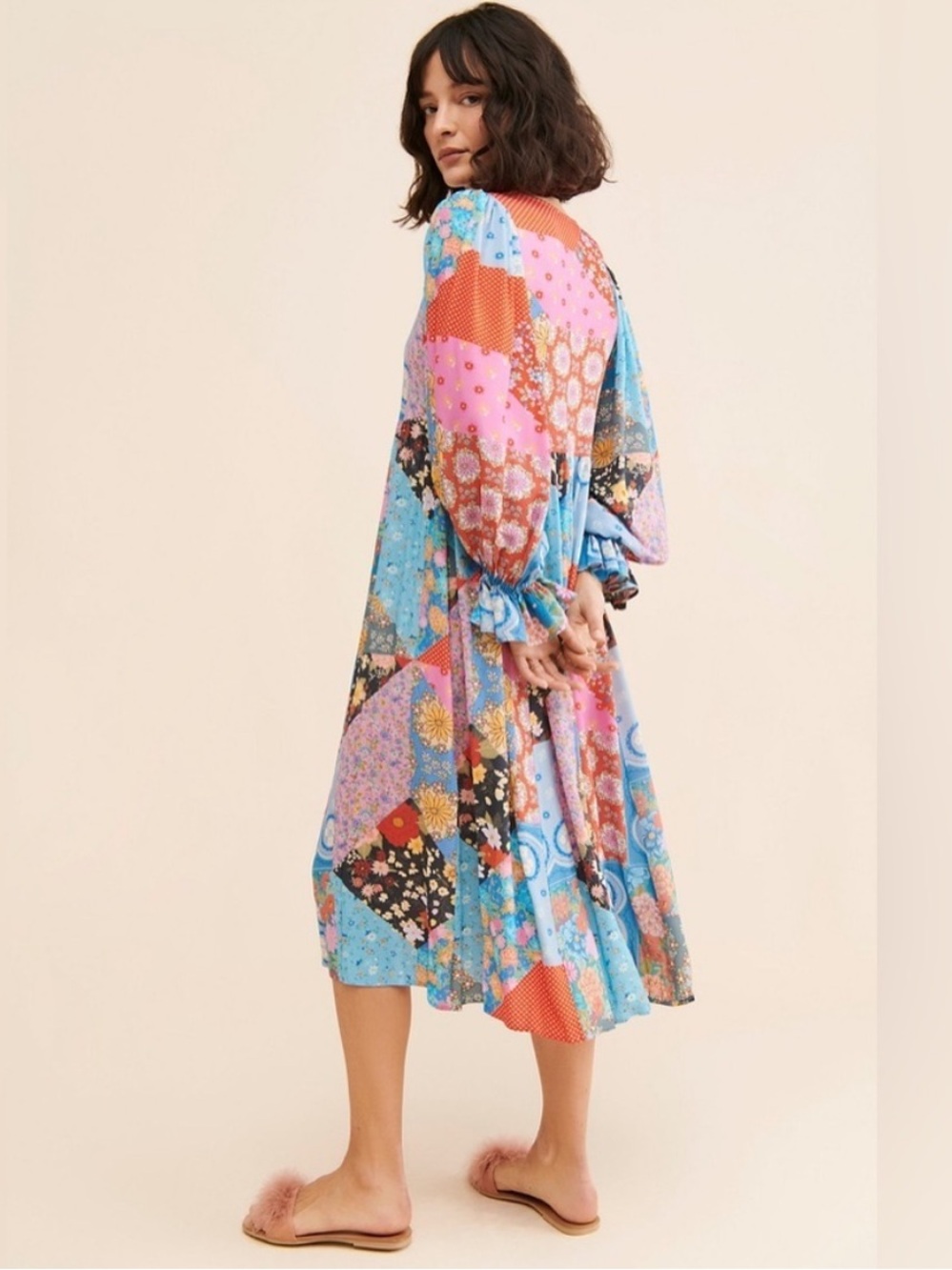SPELL Cha Cha Patchwork Midi Dress Size Small Multicolor Long Sleeve
